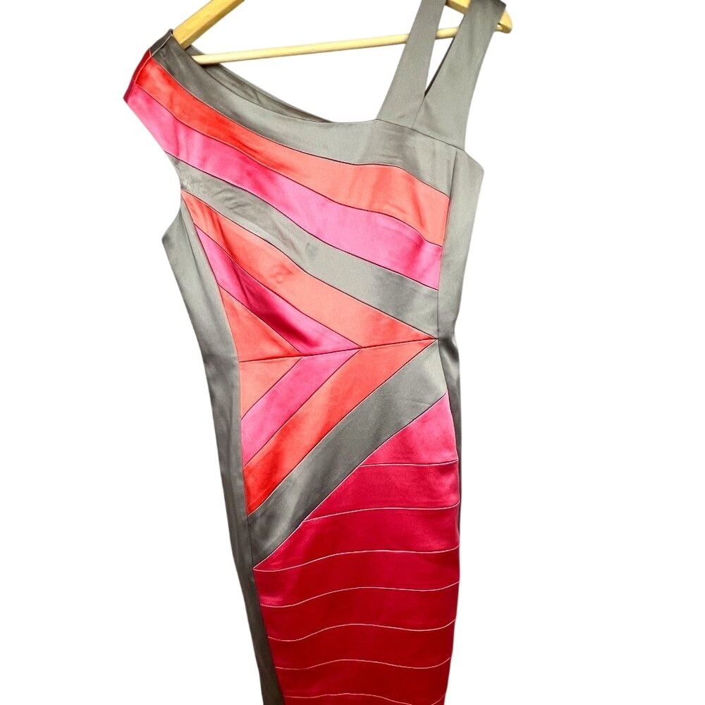 JAX‎ Satan Sheath Dress Color Block Strips Split Shoulder SZ 12 Gray Pink Orange
